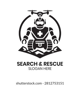 Search and Rescue logo depicts a robot traversing a mountainous environment for life-saving operations, symbolizing extreme environment capability. This powerful, heroic design is ideal for wilderness search teams, robotic security firms, disaster relief agencies, industrial safety providers, or technological rescue innovators needing a distinct, professional identity that underscores speed, technical precision, environmental durability, and a commitment to safety and aid.