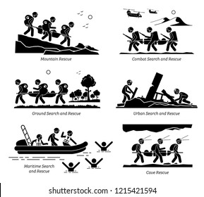 Search And Rescue Operations. Illustrations Depict SAR Operation On Mountain, Combat, Ground, Urban, Maritime, Water, And Cave Rescue.