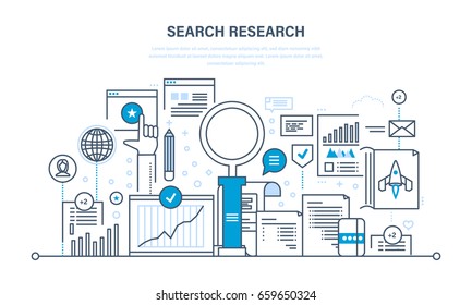 Search research and analysis, marketing, seo, optimization and promotion of site, growth of financial income and investments. Illustration thin line design of vector doodles, infographics elements.