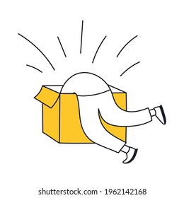 Search, research, finding process. Cute cartoon person diving in the box trying to find something inside. Thin line vector illustration on white.