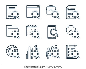 Search and research related vector line icons. Review and magnifying glass outline icon set.