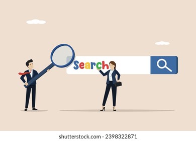 Search, research, SEO, search engine optimization, search for information, explore website concept, businessman with magnifying glass finds new website from search bar.