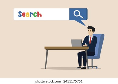 Search, research, SEO, search engine optimization, information search, explore website concept, businessman looking for new website from search bar using laptop.