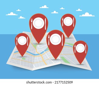 Search for restaurants, catering and cafe location. Internet application, city map with red pins, gps navigation service, urban navigation, food delivery app vector cartoon flat concept