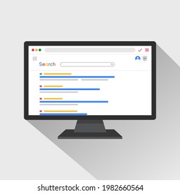 Concepto de resultados de búsqueda en la ilustración vectorial de pantalla del monitor de pc. Programa informático para navegar por el concepto del sistema de Internet.