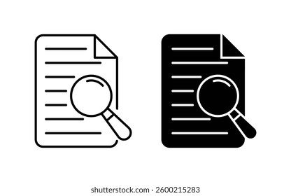 search result icon set, representing analysis Audit icon Symbol  thin outline and document review with a magnifying glass vector illustration.