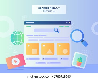 Search result illustration set user interface in monitor computer background of video picture globe lupe with flat style