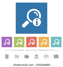 Search result information flat white icons in square backgrounds. 6 bonus icons included.