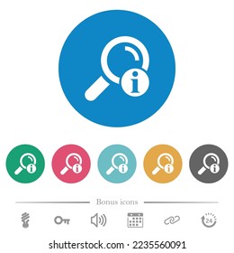 Buscar información de resultados de iconos blancos planos en fondos de color redondo. 6 iconos de bonificación incluidos.