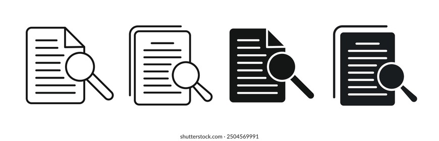 Search result line icon set. Financial statement overview and online research analysis vector symbols. Data optimization sign. Online review document verification icon. Audit and case study symbol.