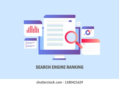 Search result on computer screen, search engine ranking, SEO optimization flat design vector illustration with icons