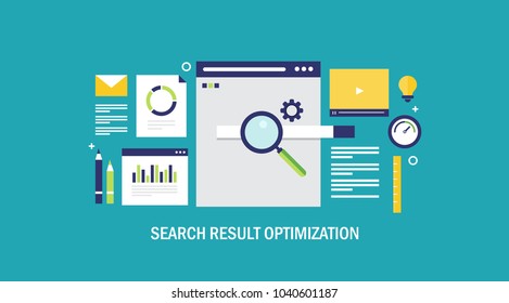 Search result optimization - SEO marketing - analytics flat vector banner with icons