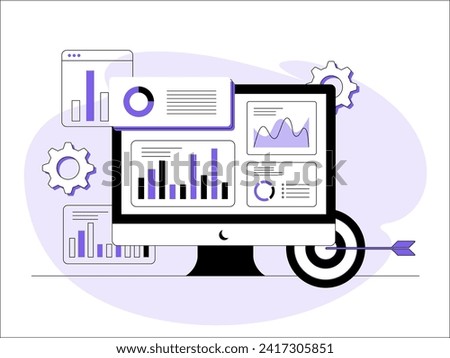 Search result optimization SEO marketing analytics flat vector illustration, SEO performance, Targeting and monitoring, Data analytics, business analysis, Market research, Product testing, Data analys