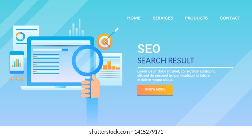 Search result optimization, Website ranking, Concept of SEO, flat style vector banner with icons and texts