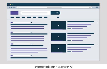 Resultado de la búsqueda con la ilustración de la maqueta del sitio web de reproducción de vídeo de la barra lateral 