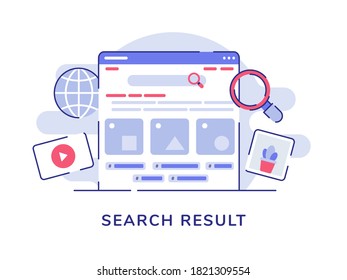Search result user interface wireframe on display computer screen background of picture video globe with flat outline style