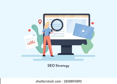 Search result, Web search, SEO Strategy, Woman with magnifier - conceptual flat design vector illustration with icons and character