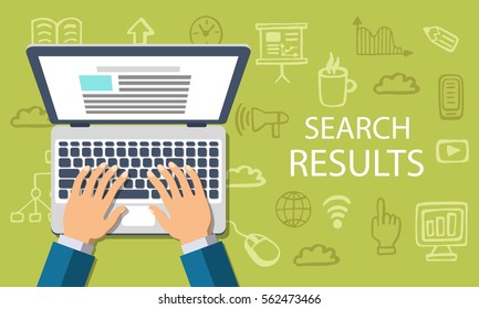 Search Results Concept. Flat style web banner with doodle icons in background, top view. Vector illustration.
