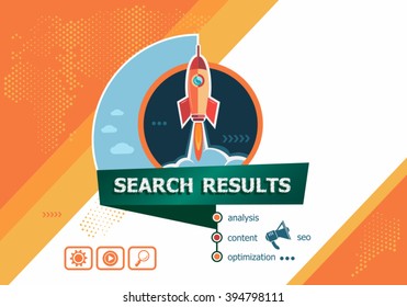 Search results concepts for business analysis, planning, consulting, team work, project management. Search results concept on background with rocket. 