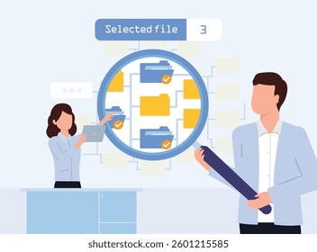 Search results for data files in folders or documents. Data document management system analysis concept. Digital cloud storage and research services on databases.