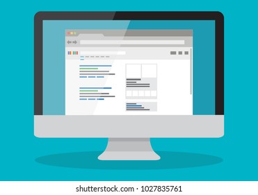 Search Results On Computer. SEO, Rankings, Browser Search Vector Design.