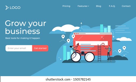 Search results tiny person vector illustration landing page template design. Online question or answer technology to display pages in response to query by searcher. Stylized to advertise or SEO work.