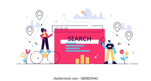 Search results vector illustration. Banner with engine answers to question. Online business and technology to display pages in response to query by searcher. Stylized team to advertise or SEO work.