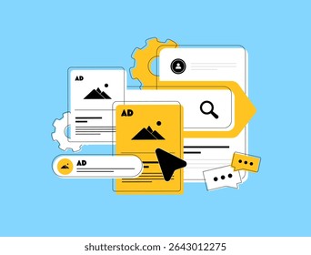 Search retargeting strategy where ads follow users based on previous search queries and intent signals, improving engagement and click-through rate. Search retargeting advertising vector illustration - Powered by Shutterstock - Get 15% off with code: PIKWIZARD15