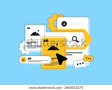 Search retargeting strategy where ads follow users based on previous search queries and intent signals, improving engagement and click-through rate. Search retargeting advertising vector illustration