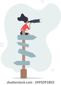 Search for right direction, business opportunity or success way, make decision or career path, vision to see future concept,flat design.illustration with people.