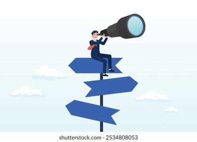 Search for right direction, business opportunity or success way, make decision or career path, vision to see future concept, smart businessman look through spyglass or binoculars to discover solution