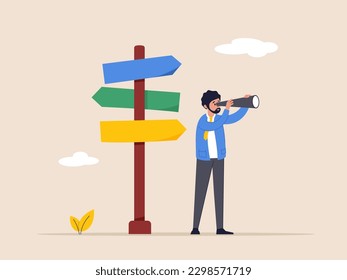 Search for right direction concept. Make decision or career path. business opportunity or success way, vision to see future. smart businessman look through spyglass or binoculars to discover solution.