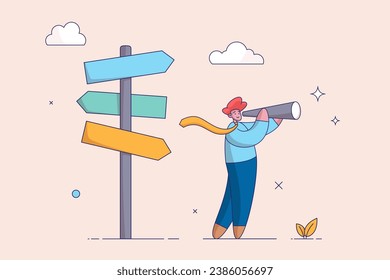 Search for right direction concept. Make decision or career path. business opportunity or success way, vision to see future. smart businessman look through spyglass or binoculars to discover solution.