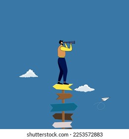 Search for right direction,  opportunity or success way, make decision career path, vision to see future , businessman looking through binoculars to find solution concept.