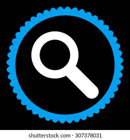 Search round stamp icon. This flat vector symbol is drawn with blue and white colors on a black background.