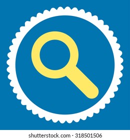 Search round stamp icon. This flat vector symbol is drawn with yellow and white colors on a blue background.
