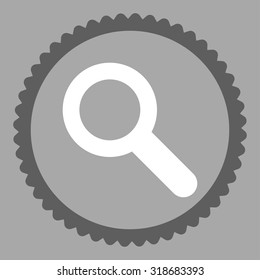 Search round stamp icon. This flat vector symbol is drawn with dark gray and white colors on a silver background.
