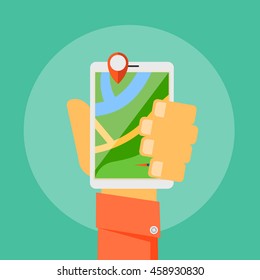 Search route concept vector illustration. Mobile GPS navigation. Tablet PC and mobile phone map.