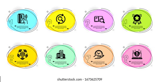 Search, Safe time and Eco organic signs. Timeline infographic. Bitcoin, Ranking star and Buildings line icons set. Search book, Contactless payment symbols. Cryptocurrency laptop, Winner medal. Vector