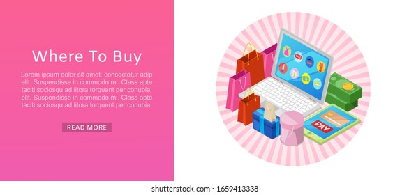 Search sales online stores 3d isometric concept with laptop, shopping bags and money vector web template illustration. Electronic shopping, sales and payment online web banner.