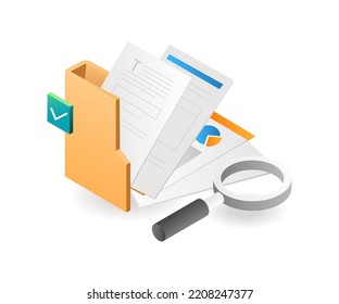 Search select business data in folder in isometric flat illustration