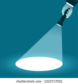 Search and select direction. Hand with a flashlight shining in the dark. Business concept. Vector illustration