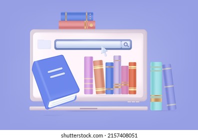 Search and selection of books in the online library. The concept is to find a textbook in the search bar and click the cursor. Collection of e-books for education in library, banner 3d. Vector 