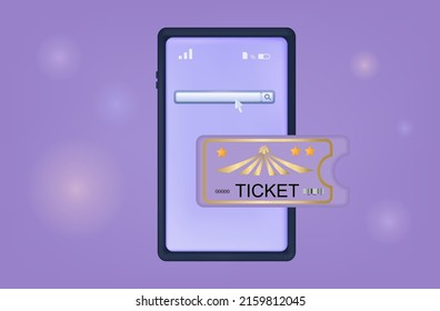 Search, selection and purchase of a ticket on the phone. Click the cursor and buy a tour by clicking on the button. Electronic ticket on smartphone screen. Vector banner, illustration 3d. 