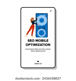 search seo mobile optimization vector. performance marketing, phone website, research social search seo mobile optimization web flat cartoon illustration