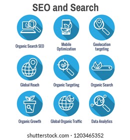 Search & SEO Web Header Hero Image Banner with organic growth, search, and locality ideas icon set