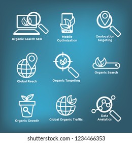 Search & SEO Web Header Hero Image Banner with organic growth, search, and locality ideas icon set