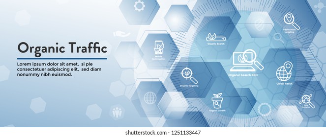 Search & SEO Web Header Hero Image Banner with organic growth, search, and locality ideas icon set