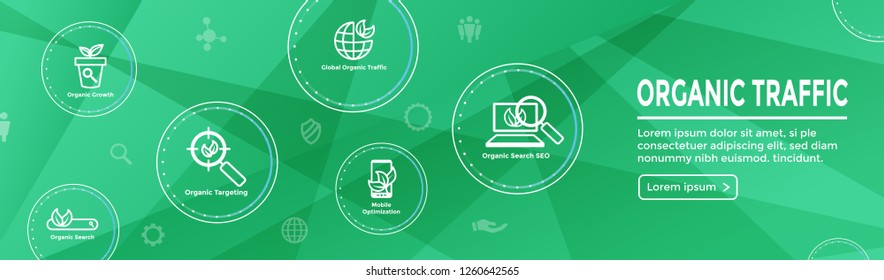 Search & SEO Web Header Hero Image Banner with organic growth, search, and locality ideas icon set