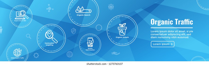 Search & SEO Web Header Hero Image Banner with organic growth, search, and locality ideas icon set